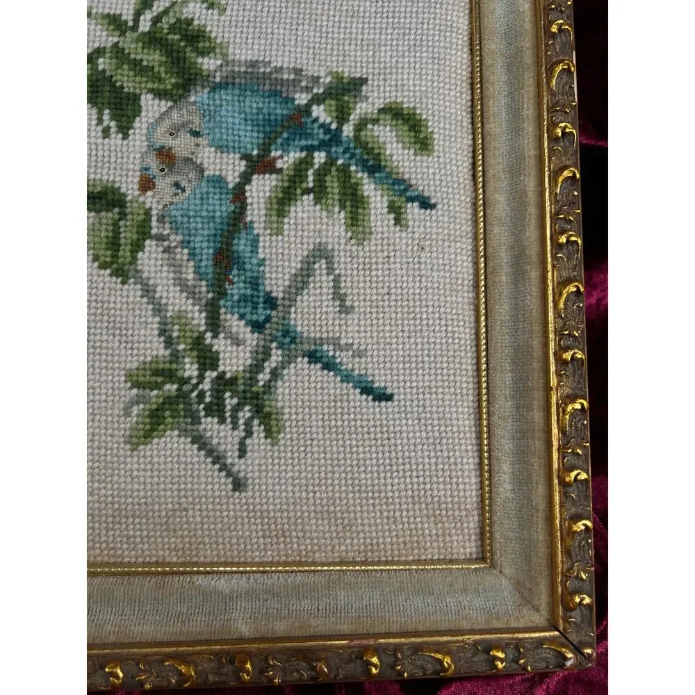 Vintage Mid Century Framed Needlepoint Wall Art Blue Parakeet Birds On A Branch